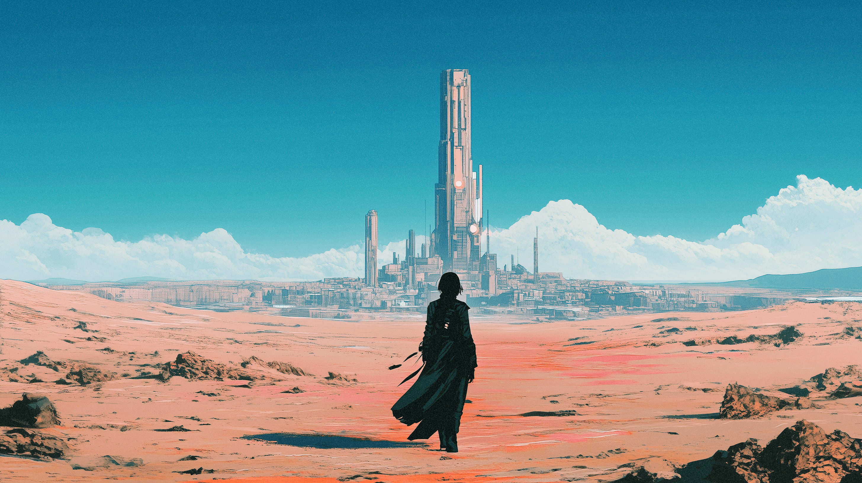 Futuristic landscape with a tower city